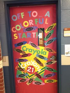 a door decorated with candy bars and the words, off to a colorful start