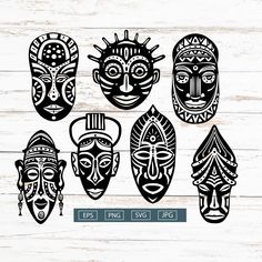 african masks svg files for cutting and cricutting on wooden background with clipping