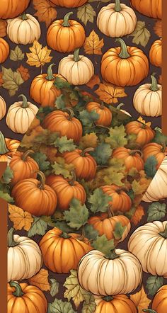 a painting of pumpkins and leaves on a brown background