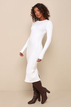 The Best Yet Ivory Ribbed Bodycon Sweater Dress White Sweater Dress, Bodycon Sweater, Bodycon Sweater Dress, Winter Dress Outfits, Ribbed Sweater Dress, Lulu Fashion, Trendy Winter, Thick Sweaters, Kick Pleat