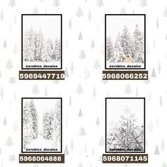 snow covered trees are shown in four different frames on a white background with brown trim