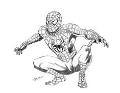 a black and white drawing of a spiderman crouching on the ground with his arms outstretched