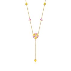 Ross-Simons - C. 1990 Vintage 3.19ct t. w. Yellow, Pink Sapphire Flower Drop Necklace, Diamond Accent. 16". C. 1990. The pops of color in this flower drop necklace from our Estate collection will bring a feeling of springtime to your wardrobe. Vivid triangles of 1.74 ct. t. w. yellow and 1.45 ct. t. w. pink sapphires are stationed along a glittering cable chain with a 2" extender, coming together in a pretty blossom. A single diamond accent sits at the center of the bloom. Graduates from 1/16" t Yellow Diamond Necklace, Jewelry Presentation, Necklace With Diamond, Antique Jewelry Necklace, Yellow And Pink, Yellow Stone, Sapphire Necklace, Sapphire Stone, Yellow Sapphire