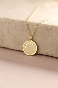 Gold Moon Pendant - Moon Gold Necklace ● Material of pendant: Solid Gold 14k ( REAL GOLD ) ● Metal Stamp: 14k ( REAL GOLD ) ● The pendant is available in 5 sizes: - 12,7 mm / 0.5 inches (Diameter) - 14,0 mm / 0,55 inches ( Diameter ) In the photos - 15,3 mm / 0.6 inches ( Diameter ) - 16,5 mm / 0,65 inches ( Diameter ) - 19,1 mm / 0,75 inches ( Diameter ) ( In the photos the size is 14mm / 0.55 inches Diameter ) ( Jump Ring inner diameter: 4 mm ) ● Material of chain: Solid gold 14k ( REAL GOLD ) Moon Phase Necklace, Moon Phase Pendant Necklaces For Anniversary, 14k Gold Moon Necklace With Sun And Moon Design, Gold Moon-shaped Engraved Necklace, Sun And Moon Design Medallion Necklace For Gift, Gold Engraved Moon Necklace, Engraved Moon-shaped Yellow Gold Necklace, Engraved Moon Shaped Yellow Gold Necklace, 14k White Gold Moon Phase Necklace