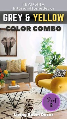 a living room with grey and yellow furniture on the floor, an elephant print rug