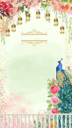 a peacock sitting on top of a white railing next to pink flowers and gold chandeliers