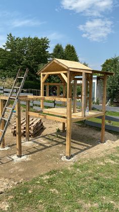 a small wooden structure with stairs to the top, and a ladder leading up to it