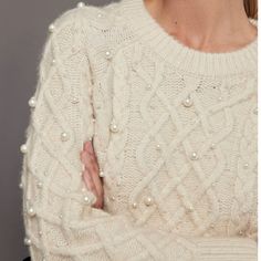 The Pearl Embellished Sweater Is The Perfect Elevated Cable Knit Sweater Featuring Cable Knit Detailing, A Crewneck, And Pearls Scattered Across The Sweater. Pearl Sweater Outfit, Galaxy Stuff, Pearl Clothing, Pearl Sweater, Embellished Sweater, Friend Pictures Poses, Embellished Collar, Pointelle Sweater, Embellished Sweaters