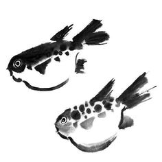 two black and white fish are shown in this artistic drawing by chinese artist, shading