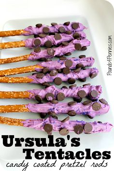 purple and chocolate covered pretzels on a white platter with text overlay