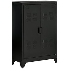 a black metal cabinet with two doors