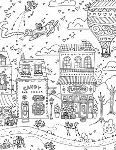 a black and white drawing of a town with lots of buildings, trees and birds