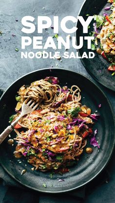 the cover of spicy peanut noodle salad is shown with a fork in it and another side dish