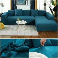 a blue sectional couch in a living room next to a coffee table with a vase on it