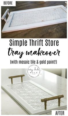 the before and after image shows how to paint an old tray with white paint on it