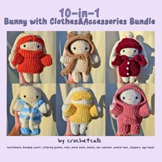 10-in-1 Pattern Bundle!  This bundle includes my 5-in-1 Sleepy Bunny Pack, as well as my 5-in-1 Winter Bunny Pack. These are PDF Patterns to make your own bunny with clothes and accessories! They are super customizable, as you can switch outfits, colors, etc. Each outfit and accessory is removable. These patterns are detailed with many step-by-step photos to guide you along the process of making your own crochet bunny plush.  Language: English, US terminology.  Skill level: Advanced, you will ne Crochet Bunny With Clothes, Crochet Bunny Clothes, Switch Outfits, Crochet Bunny Plush, Winter Bunny, Sleepy Bunny, Bunny Onesie, Hoodie Scarf, Crochet Idea