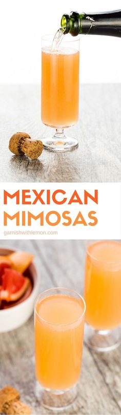 the mexican mimosa is being poured into two glasses