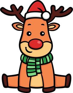 a cartoon reindeer with a santa hat and scarf on it's head, sitting down