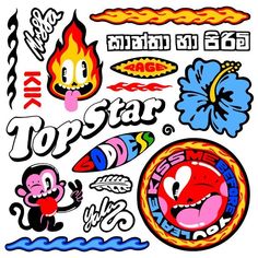 an assortment of stickers that include cartoon characters and symbols, including flamings, fireball