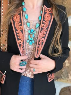 Rodeo Royalty Outfits, Tooled Leather Blazer, Business Western Outfits Women, Western Vogue, Rodeo Queen Outfits, Western Business Casual, Punchy Western Outfits, Western Chic Fashion, Western Business