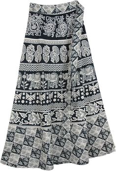 Abstract Elephant Parade Wrap Around Skirt in Black and White | Black | Wrap-Around-Skirt, Maxi Skirt, Elephant, Indian Traditional Summer Beach Wrap Skirt, Traditional Beach Skirt For Summer, Traditional Summer Beach Skirt, Traditional Summer Skirt For Vacation, Traditional Skirt For Summer Vacation, Traditional Summer Vacation Skirt, Beach Flowy Printed Skirt, Flowy Printed Beach Skirt, Flowy Printed Skirt For Beach