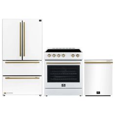 a white stove, refrigerator and dishwasher with gold trimmings on the doors