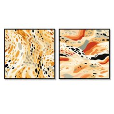 two abstract paintings with different colors and patterns on the same wall, one is orange