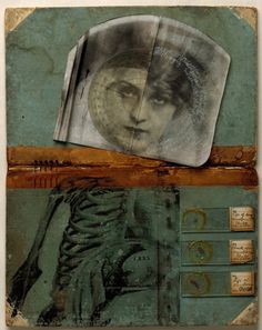 an altered photograph of a woman's face and skeleton