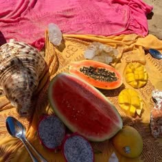 watermelon, pineapple, and other fruits are on a towel with spoons