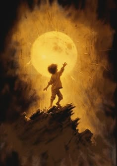 a young boy standing on top of a pile of logs in front of a full moon