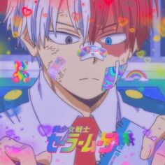 an anime character with eye patches on his nose and chest, in front of colorful background