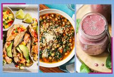 four different pictures with food and drinks on them, including soup, tortilla