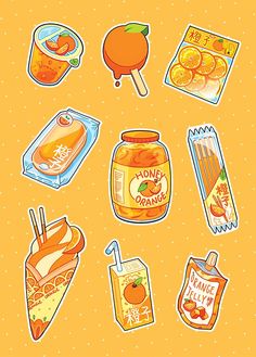 an orange sticker sheet with some fruit and drinks on it, all in different shapes