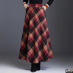 Fisdy - Retro Plaid Midi Skirt: High-Waisted A-Line Skirt with Embellished Hemline Long Skirt Fall, Autumn Academia, Grid Skirt, Retro Outfit, Plaid Wool Skirt, Minion Jokes, Midi Skirt Pattern, Ankle Length Skirt, Khaki Skirt