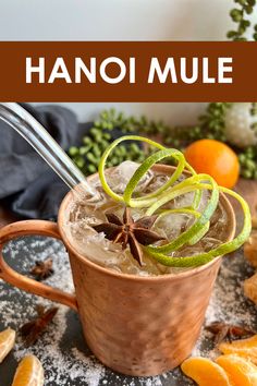 A Moscow Mule mug filled with ice and topped with a star anise and shoestring lime peel Vietnamese Cocktail Recipes, Vietnamese Cocktails, Lemongrass Cocktail, Asian Cocktails, Bartending Drinks, Mocktail Ideas, Ginger Mule, Ginger Beer Cocktail, Lemongrass Paste