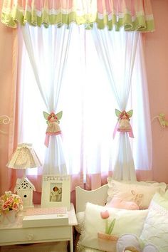 Wouldn't a little girl be charmed by this sweet window treatment? Sheer white curtains are gathered at the center by angels dressed to match the valance. More ideas at mamasmiracle.com. Window Treatments Sheer, Dream Nurseries, Window Styles, White Curtains, Image Editor