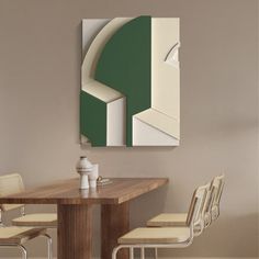 a dining room table with four chairs and a painting on the wall above it that looks like an arch