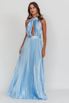 Shop the Monarch Pleated Satin Maxi Dress Light Blue | Selfie Leslie Blue Selfie, Maxi Dress Backless, Ski Wedding, Pink Dress Shoes, Selfie Leslie, Dress Light Blue, Split Maxi Dress, Vintage Ski, Grad Dresses