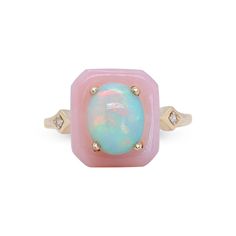 Experience the ethereal beauty of the Ethiopian opal and pink opal ring by CIRARI 14K yellow gold. This gorgeous ring has been painstakingly made. It contains a harmonious combination of Ethiopian and pink opals, accentuated with a delicate 0.02-carat halo. The design, set in brilliant 14K yellow gold, exudes both classic charm and contemporary elegance. Enhance your look with CIRARI, a ring that combines timeless elegance and sophisticated taste in every detail. Pink Opal Ring Fine Jewelry, Pink Opal Ring For Anniversary, Fine Jewelry, Pink Opal Ring For Anniversary, Pink Opal Rings With Gemstone, Pink Opal Gemstone Rings, Pink Oval Cabochon Opal Ring, Elegant Pink Opal Ring, Capricorn Jewelry, Opal Wedding Ring