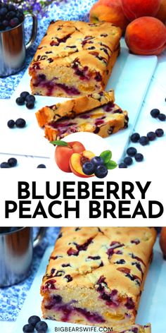 blueberry peach bread is cut in half and served on a plate