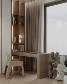 a room with a desk, chair and bookshelf in front of a window