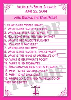 a pink and white bridal shower game with the words, who knows the bride best?