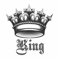 a black and white drawing of a crown with the word king on it