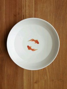 two goldfish in a white bowl on a wooden table