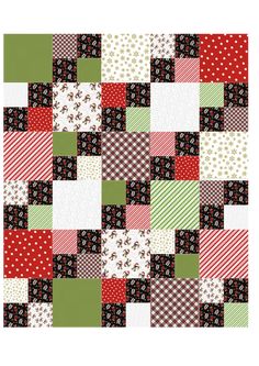 a patchwork quilt with red, green and white squares