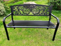 78662-D-BK - 50 Outdoor Metal Garden Bench with Butterfly Backrest Design - Black Hi-Line Gift Ltd. Rocking Bench, Glass Bird Bath, Metal Garden Benches, Outdoor Glider, Backrest Design, Patio Glider, Bird Bath Fountain, Fairy Statues, Elegant Garden