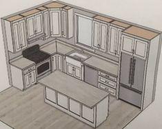 a drawing of a kitchen with an island in the middle and cabinets on both sides