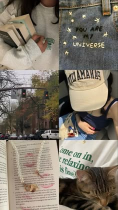 a collage of pictures with cats and books in them, including a cat laying on a book