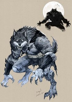 a drawing of a wolf attacking another animal in front of a full moon and two other creatures