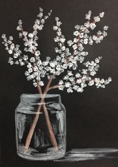 a painting of flowers in a glass jar on a black background, with two wooden sticks sticking out of it